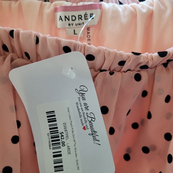 Andree peach polka dot off shoulder dress large - Picture 2 of 3